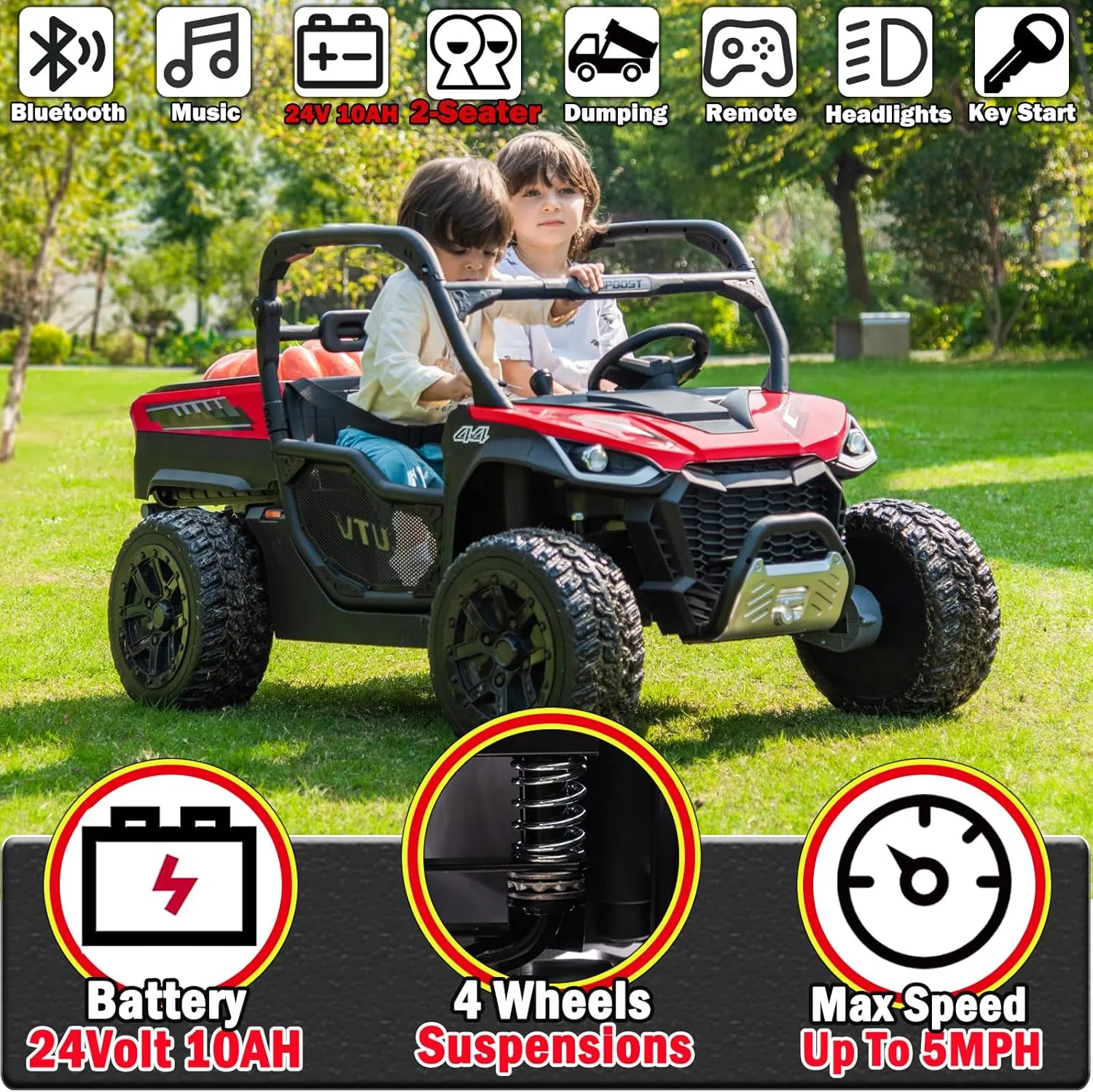 XL 24V 4WD Kids Side by Side UTV Ride On Dump Truck with Electric Dump Bed, 2 Seater Ride on Toys Car for Big Kids with Remote Control, EVA Tires, Rear Shock Absorbor, 4x75W Motors, Shovel, Music, Red