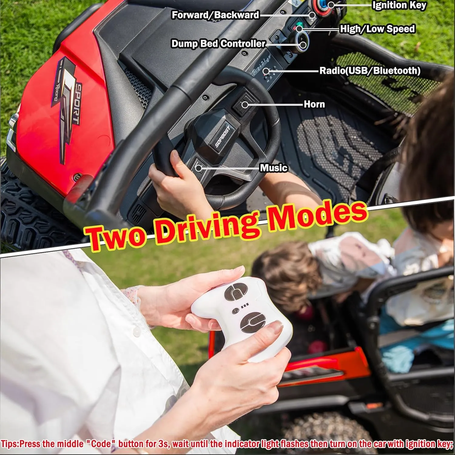 XL 24V 4WD Kids Side by Side UTV Ride On Dump Truck with Electric Dump Bed, 2 Seater Ride on Toys Car for Big Kids with Remote Control, EVA Tires, Rear Shock Absorbor, 4x75W Motors, Shovel, Music, Red
