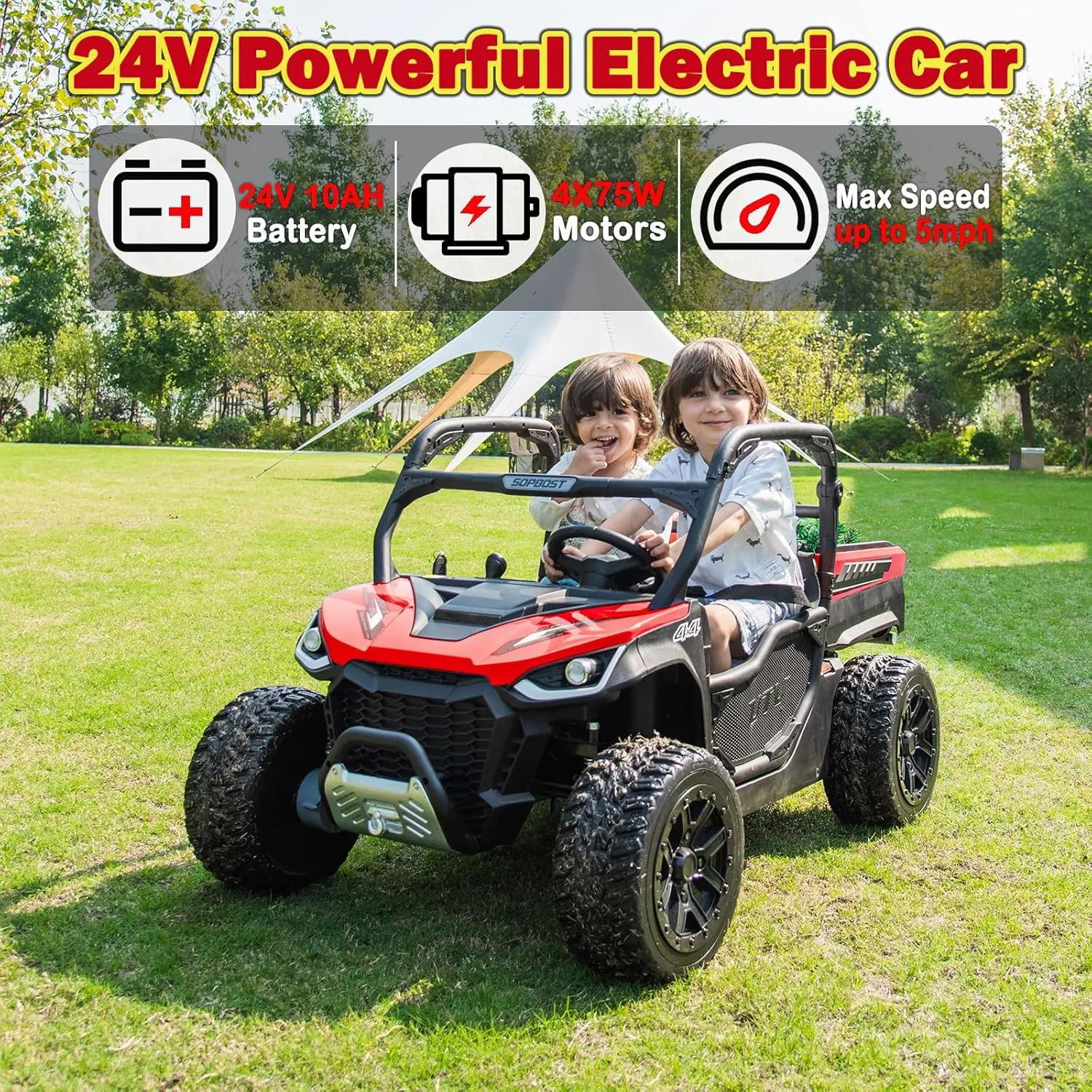 XL 24V 4WD Kids Side by Side UTV Ride On Dump Truck with Electric Dump Bed, 2 Seater Ride on Toys Car for Big Kids with Remote Control, EVA Tires, Rear Shock Absorbor, 4x75W Motors, Shovel, Music, Red