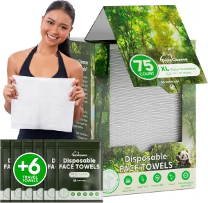 XL Disposable Face Towels - 75 Ct.   4 Travel Face Wipes - 8"x8" Dry, Super Soft & Absorbent Facial Cleansing Wash Cloths & Clean Towelettes - 100% Biodegradable Bamboo Washcloths & Makeup Remover