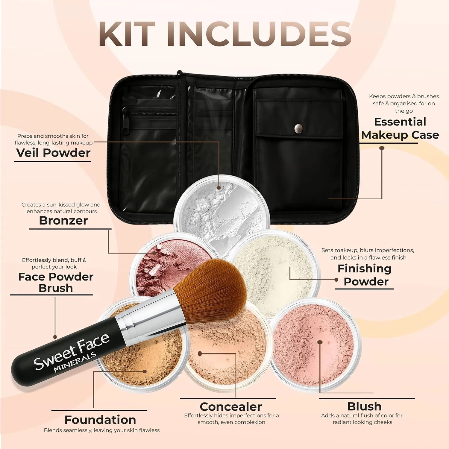 XXL KIT Brush & CASE (DEEP TAN) Full Size Mineral Makeup Set Bare Face Matte Powder Foundation Cover