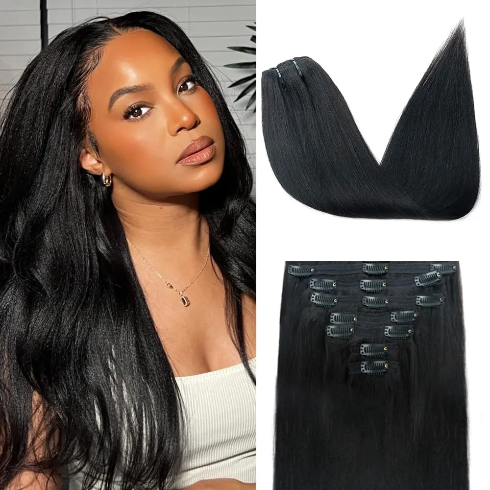 Yaki Straight Clip in Hair Extensions Real Human Hair 8Pcs Remy Human hair Clip ins for Women, Natural Soft Human Hair 120g 18inch #1B Natural Black