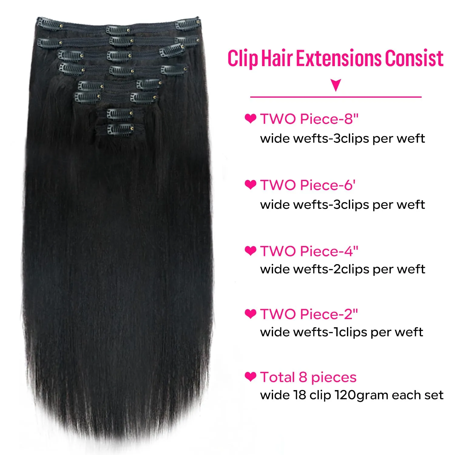 Yaki Straight Clip in Hair Extensions Real Human Hair 8Pcs Remy Human hair Clip ins for Women, Natural Soft Human Hair 120g 18inch #1B Natural Black
