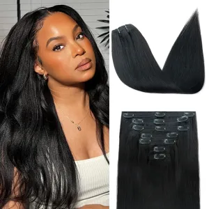 Yaki Straight Clip in Hair Extensions Real Human Hair 8Pcs Remy Human hair Clip ins for Women, Natural Soft Human Hair 120g 18inch #1B Natural Black
