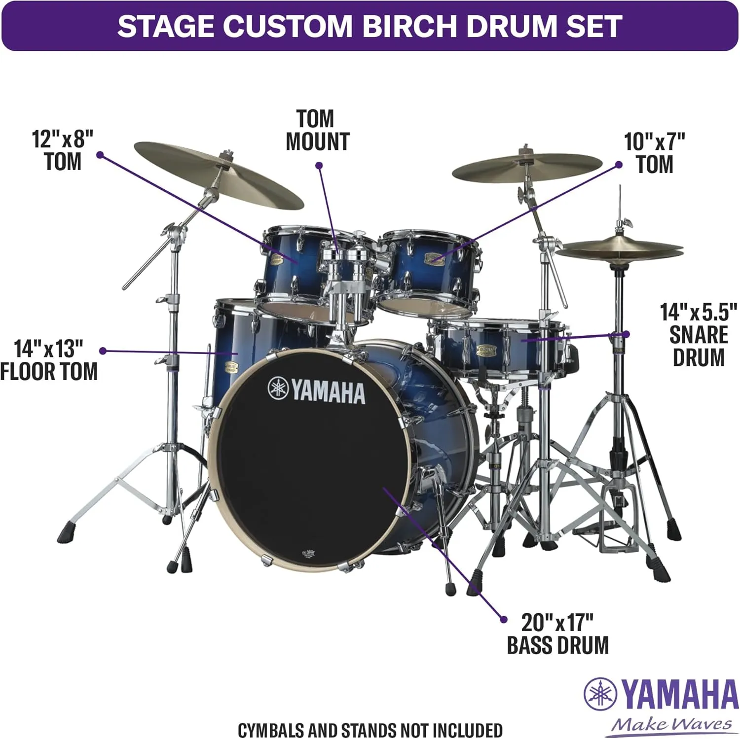 Yamaha Stage Custom Birch 5pc Shell Pack with a 22" Kick 14” Snare Drum in Deep Blue Sunburst for Students and Working Drummers (SBP2F50DUS)