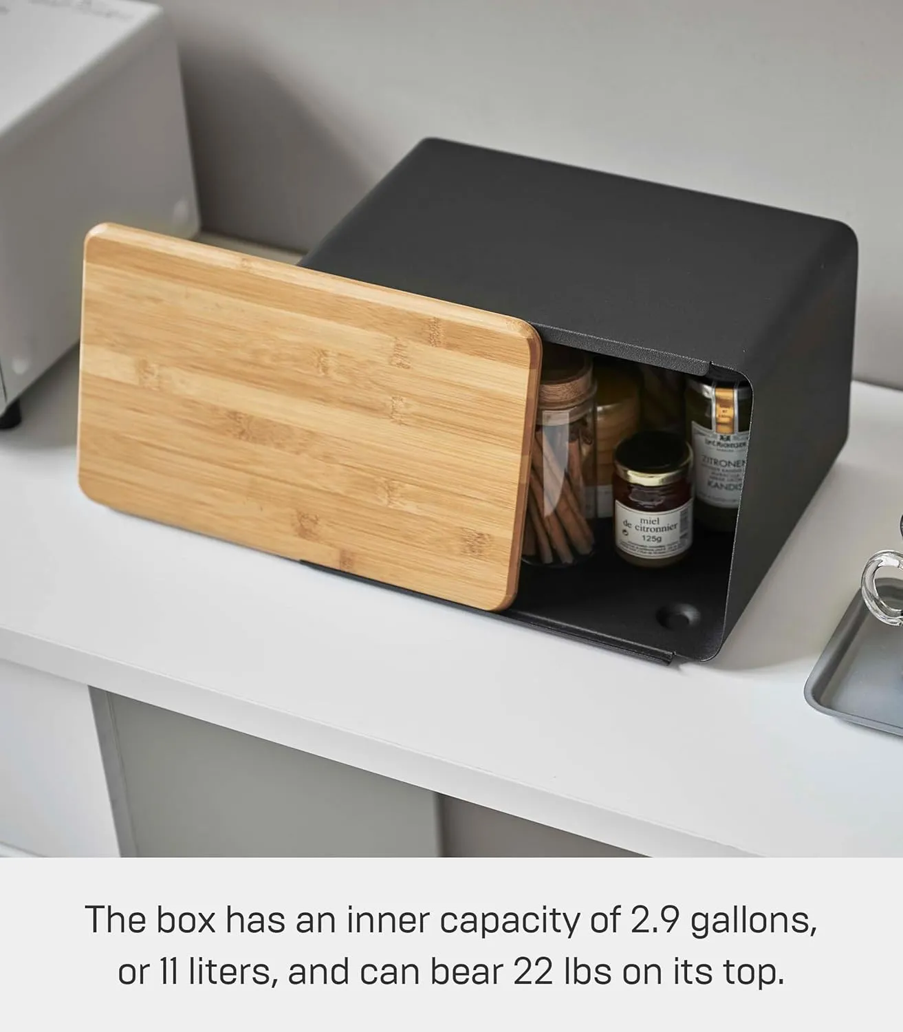 Yamazaki Home Metal Bread Box With Removable Bamboo Wooden Cutting Board Lid, Kitchen Storage Box