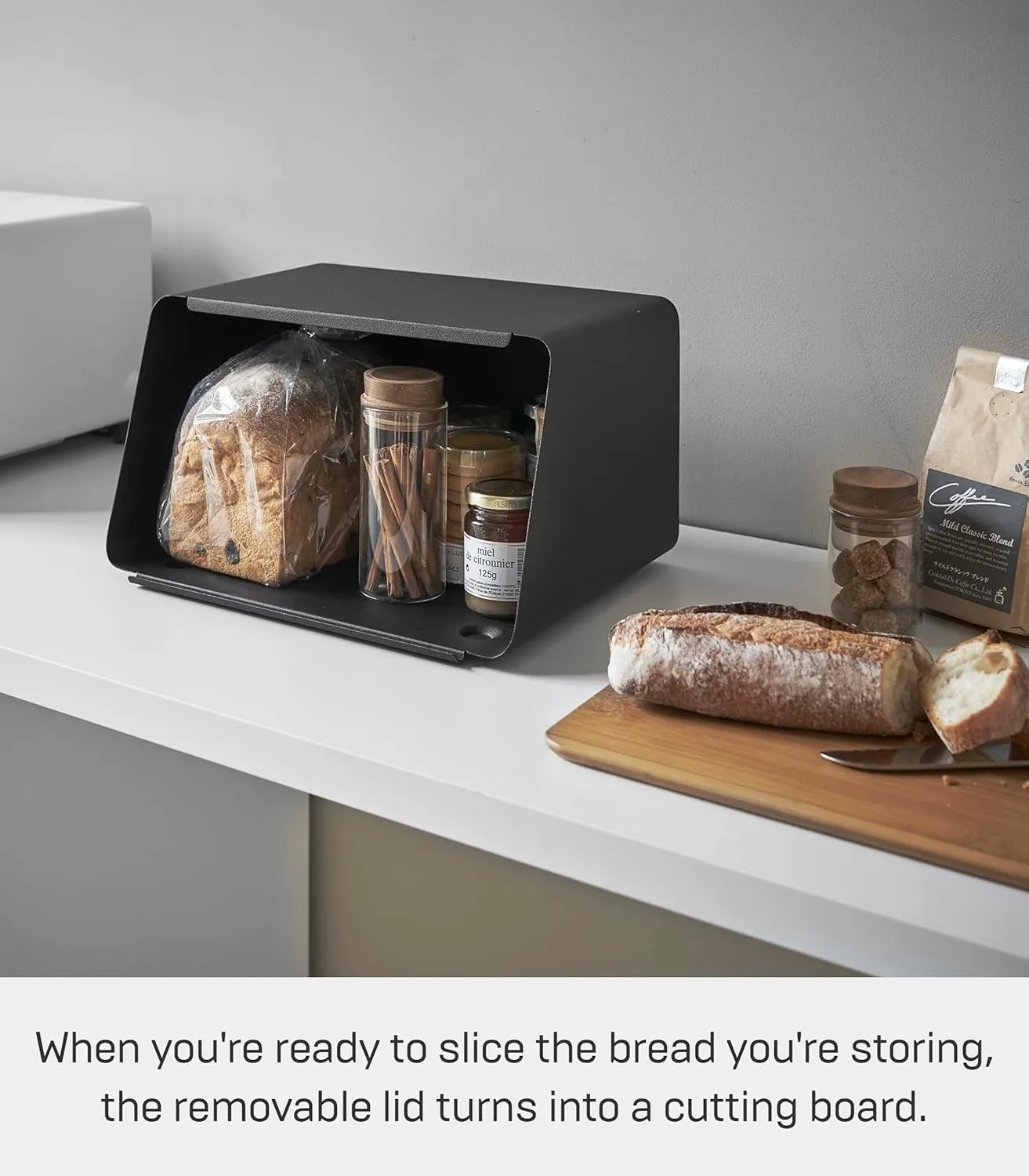 Yamazaki Home Metal Bread Box With Removable Bamboo Wooden Cutting Board Lid, Kitchen Storage Box