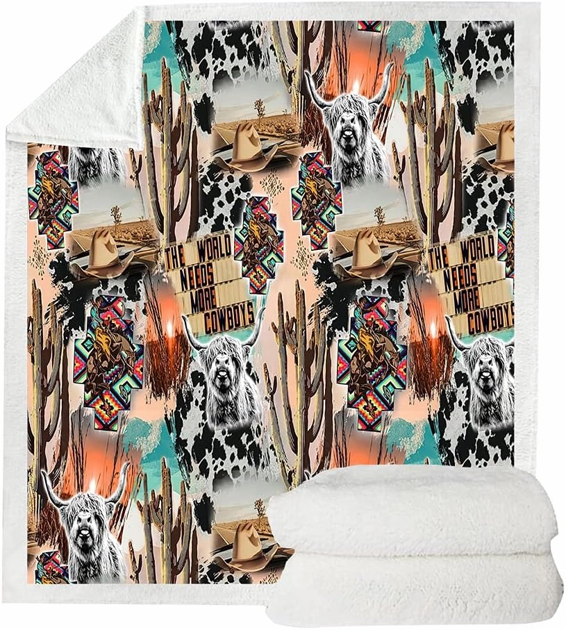 YANR Cute Cow Print Sherpa Fleece Blanket - Desert Landscape Cowboy Fluffy Bedding for Couch Sofa - Cows Gifts for Women - 130x150cm (50x60 Inches)