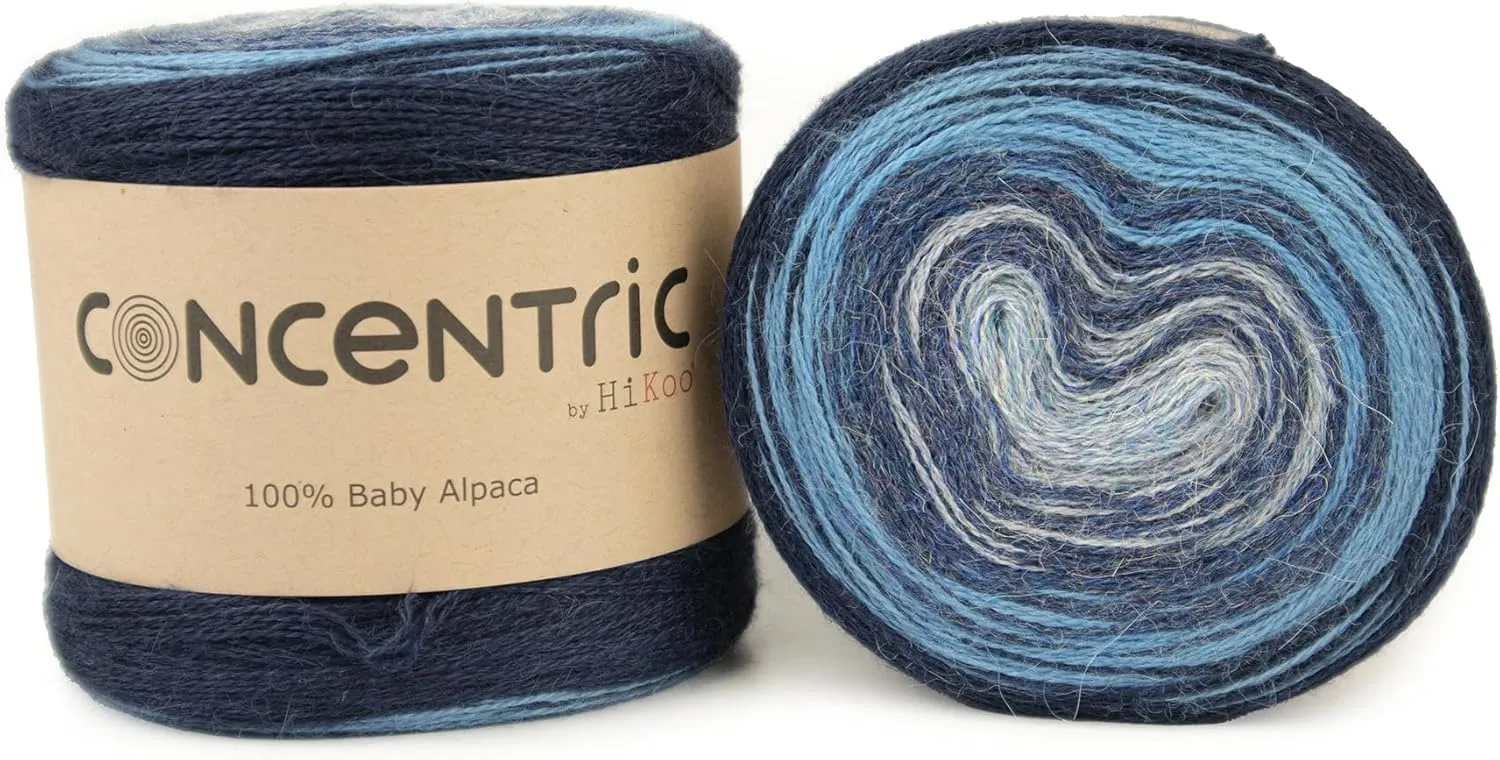 Yarn Cake, Concentric Soft Yarn for Knitting, Crocheting, and Crafts, 100% Baby Alpaca Wool, 437 Yards, #1038 - Newport Blues