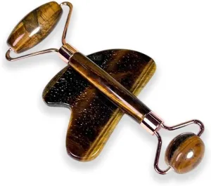 Yellow Tiger's Eye Crystal Stone Gua Sha and Face Massage Roller Skin Care Tool Set, Gift for Men Women, Massager for Face, Eyes, Neck and Body