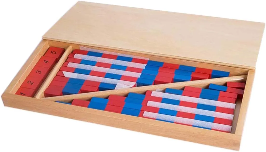 YHZAN Montessori Mathematics Material - Small Numerical Rods with Number Tiles Order of Number and Quanlity Learning Blue Red Color W/Wooden Box Family Version