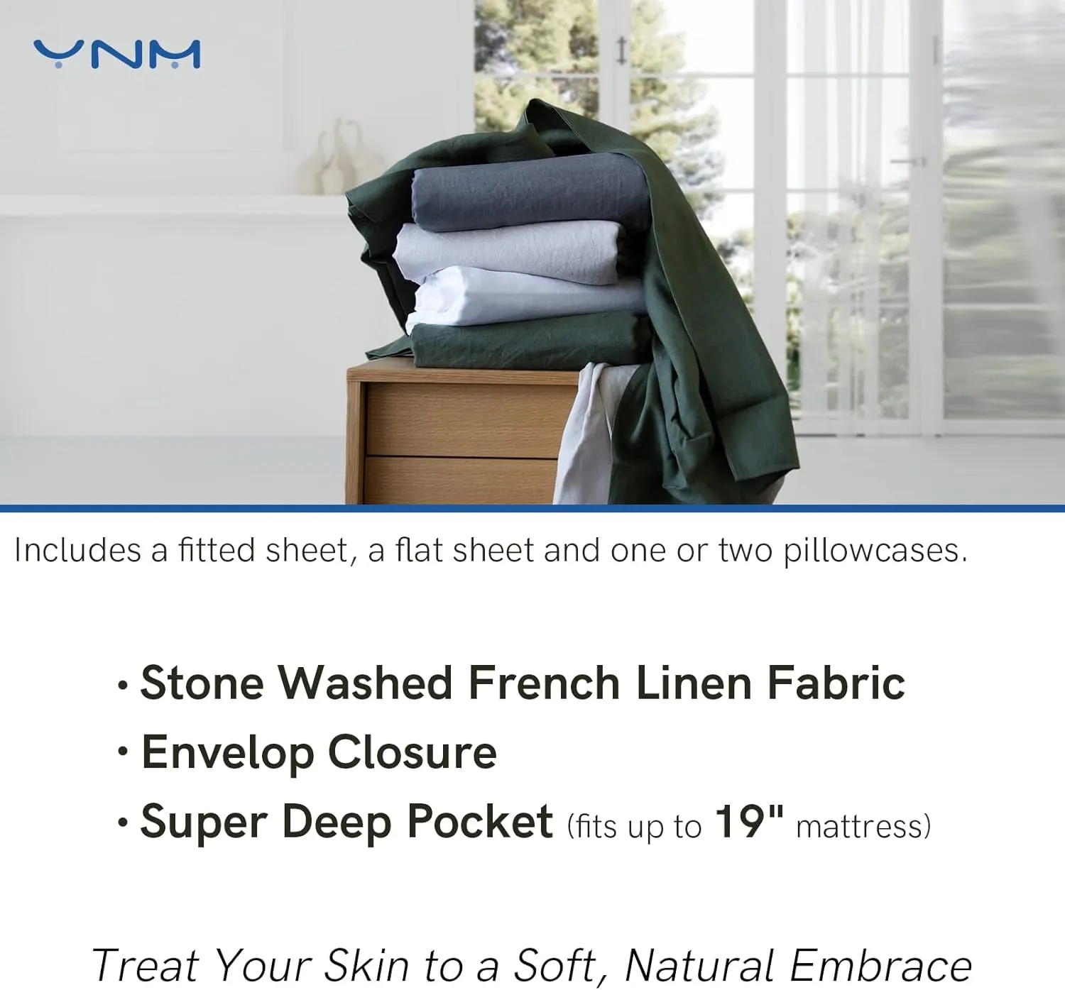 YnM Linen Sheet Set - Cozy, Skin-Friendly, and Eco-Friendly Pure Linen Sheets Collection, 4-Piece Set Includes Flat Sheet, Fitted Sheet, and 2 Pillowcases – Full, White