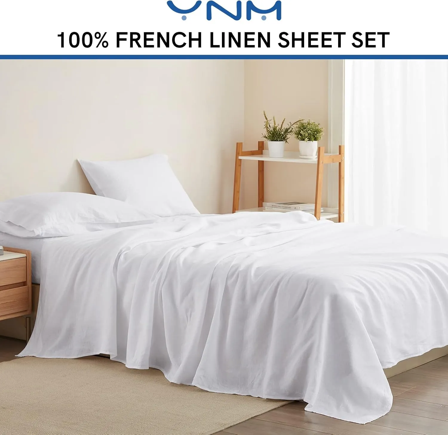 YnM Linen Sheet Set - Cozy, Skin-Friendly, and Eco-Friendly Pure Linen Sheets Collection, 4-Piece Set Includes Flat Sheet, Fitted Sheet, and 2 Pillowcases – Full, White
