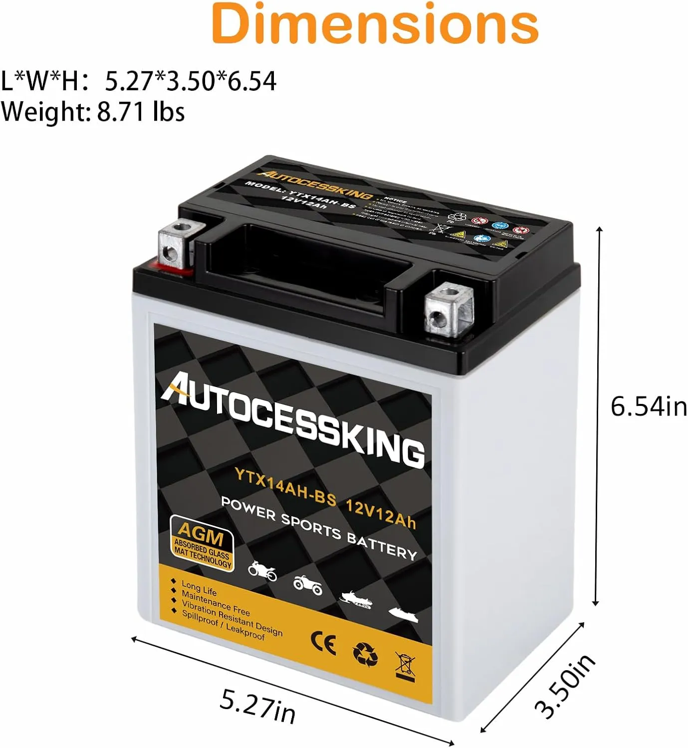 YTX14AH-BS 12V 12Ah Battery, Rechargeable Sealed AGM Battery Maintenance Free Powersport Replacement Battery for Motorcycle, ATV and Scooter