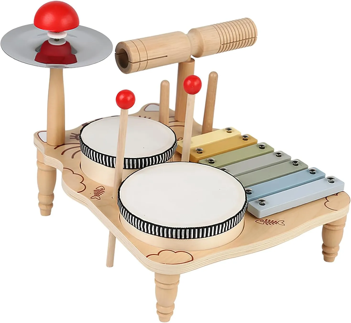 YUMOZERWooden Children's Percussion Instrument Set - a 6-in-1 Instrument Combination Toy Suitable for Young Children, a Montessori Toy Preschool Music Toy Set Suitable for Children Over 2 Years Old