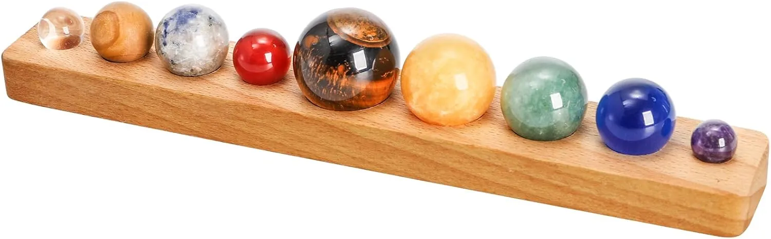ZENFUN Nine Planets in Solar System with Wooden Stand, Natural Gemstones Sphere Solar System Model Kit, Planet Marbles, Space Themed Bedroom Decor, Best Birthday Science Astronomy Gifts