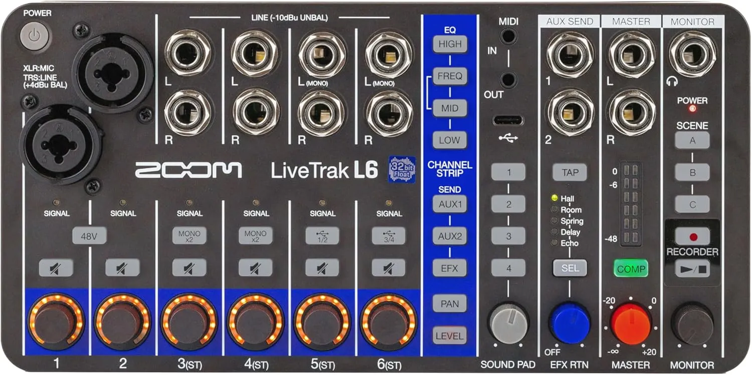 Zoom LiveTrak L6 Digital Mixer/Recorder, Battery Powered, 32-Bit Float, 10-Channels, 2 Combo   4 Stereo Inputs, MIDI, Effects, Sound Pads, 3-Band EQ, Audio Interface, For Music & Streaming