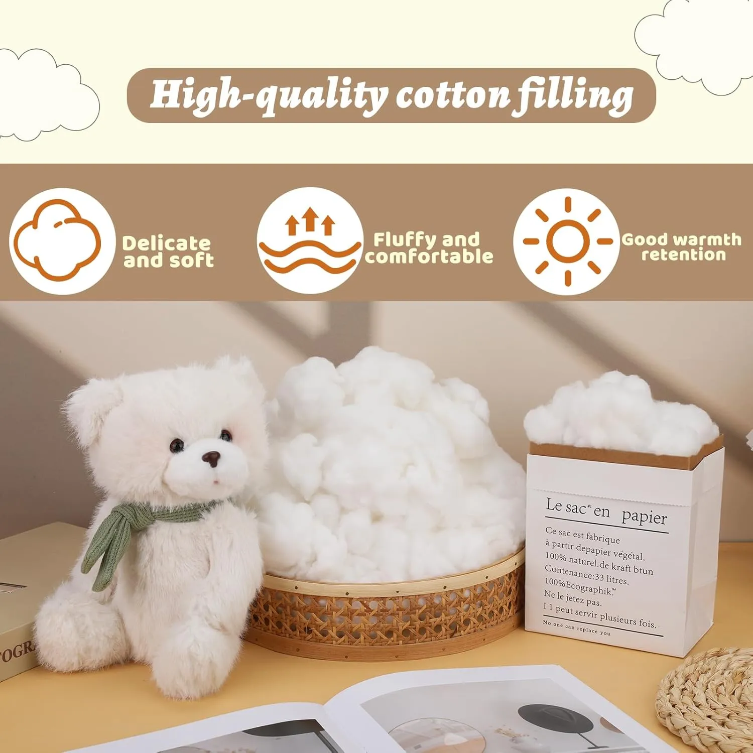 ZXIIXZ 1.1 lb Cotton Stuffing, Soft White Cotton Filling, Stuffing for Stuffed Animals, Premium Cotton Fiber Fill Stuffing for Crochet, Pillow Cushion DIY Stuffing Crafts